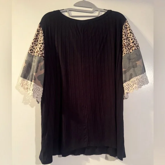 EUC Haptics Black Top with Leopard, Camo and Lace Sleeves - Picture 3 of 7